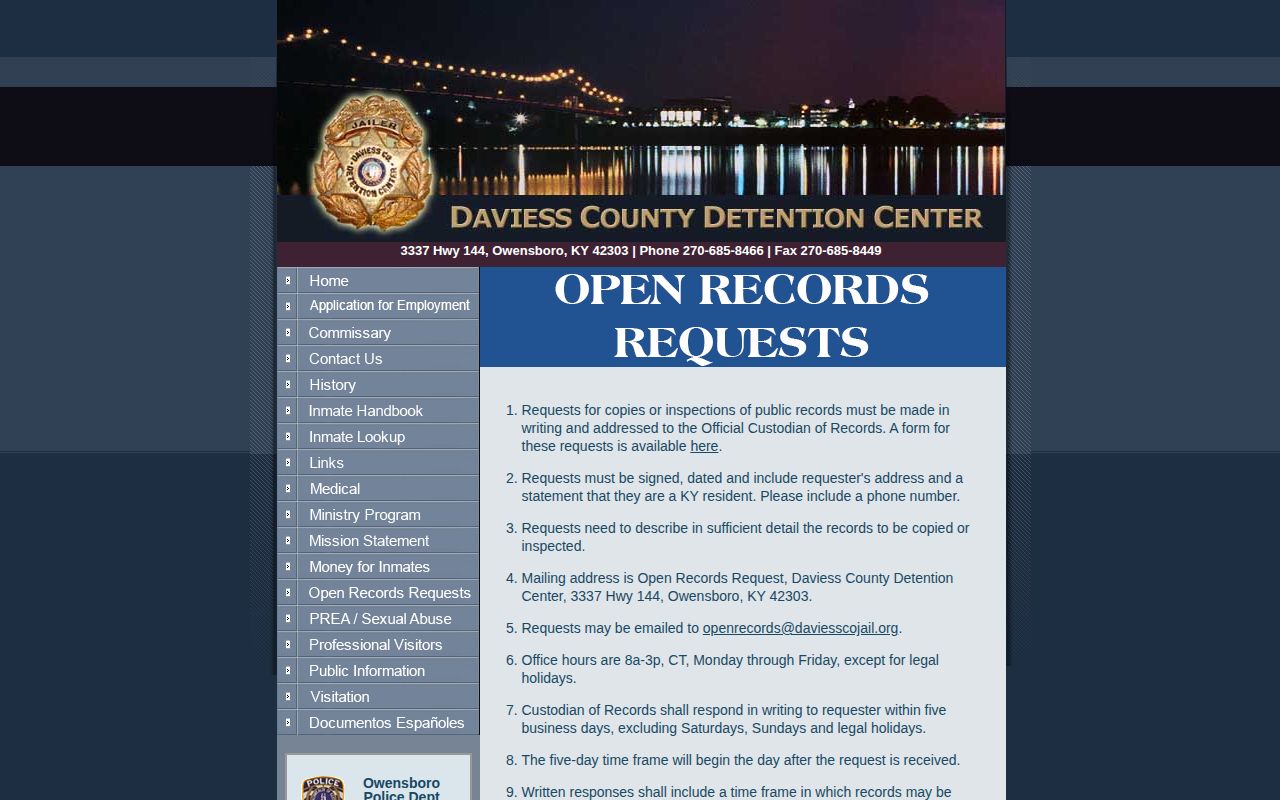 Daviess County Detention Center booking-record request page